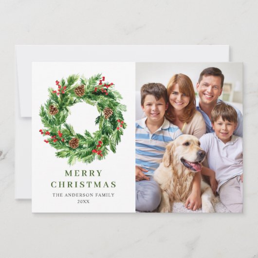 Holly Berry Pine Cones Kerstmis met 4 FOTO Feestdagenkaart (Voorkant)