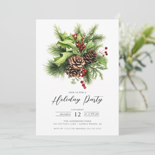 Holly Berry Pine Vakantie Party Kaart (Staand voorkant)