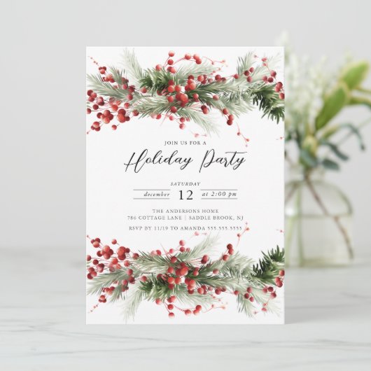 Holly Berry Pine Vakantie Party Kaart (Staand voorkant)