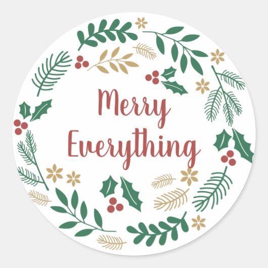 Holly Berry Pine Wreath Merry Everything Holiday C Ronde Sticker (Voorkant)