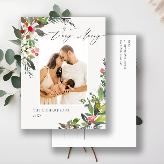 Holly Berry Pine Zeer prettig kerstfoto Lijst Briefkaart