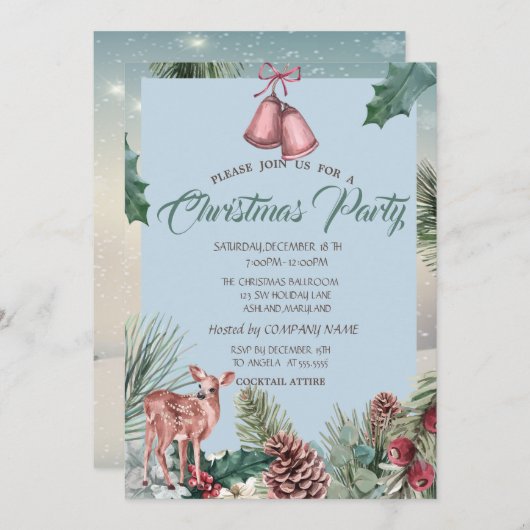 Holly Berry Pinecones, Deer Company Kerstparty Kaart (Voorkant / Achterkant)