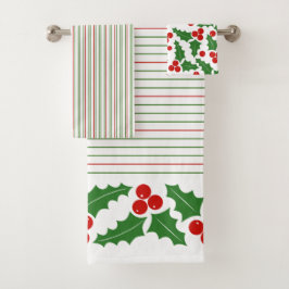 Holly berry, red, groene strepen kerst bad handdoek