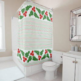 Holly berry, red, groene strepen kerst douchegordijn