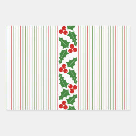 Holly berry, red, groene strepen kerst inpakpapier vel