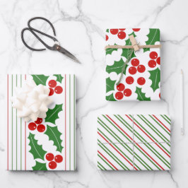 Holly berry, red, groene strepen kerst inpakpapier vel