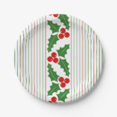 Holly berry, red, groene strepen kerst papieren bordje (Voorkant)