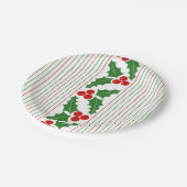 Holly berry, red, groene strepen kerst papieren bordje (Gekanteld)