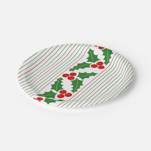 Holly berry, red, groene strepen kerst papieren bordje (Gekanteld)
