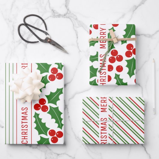 Holly berry, red, groene strepen, pretkerst inpakpapier vel (Voorkant)