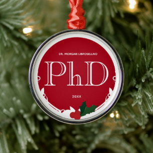 Holly Berry Red White PhD Afstuderen Metalen Ornament