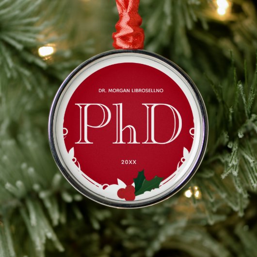 Holly Berry Red White PhD Afstuderen Metalen Ornament (Boom)