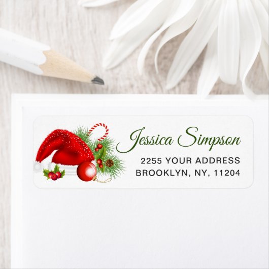 Holly Berry Santa Hat-kerstterugzendadres Etiket (Insitu)