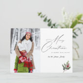 Holly Berry Simple Elegant Merry Christmas 2 Foto Kaart (Staand voorkant)