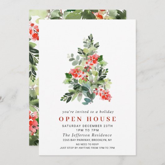 Holly Berry Tree CHRISTMAS HOLIDAY OPEN HOUSE Kaart (Voorkant / Achterkant)