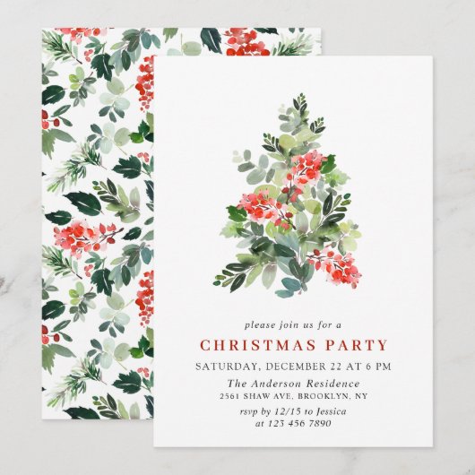 Holly Berry Tree Holiday CHRISTMAS PARTY Kaart (Voorkant / Achterkant)