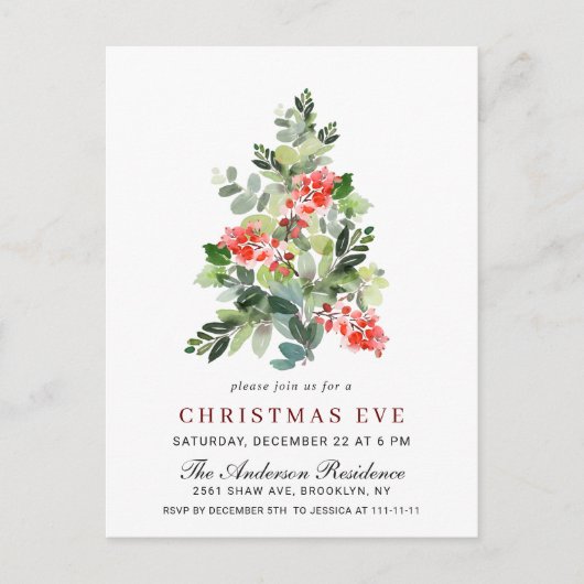 Holly Berry Tree Kerstavond Uitnodiging Kaart (Voorkant)
