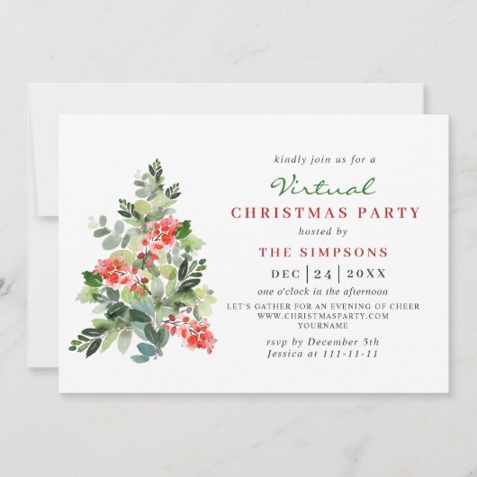 Holly Berry Tree Virtual CHRISTMAS HOLIDAY Party Kaart (Voorkant)