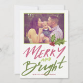 Holly berry vrolijk & helder roze groen script fot feestdagenkaart (Voorkant)