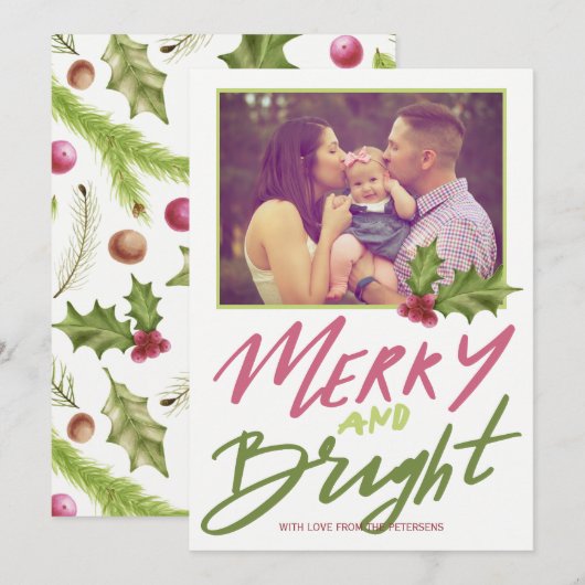 Holly berry vrolijk & helder roze groen script fot feestdagenkaart (Voorkant / Achterkant)