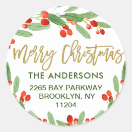 Holly Berry Watercolor Kerst Retouradres Ronde Sticker
