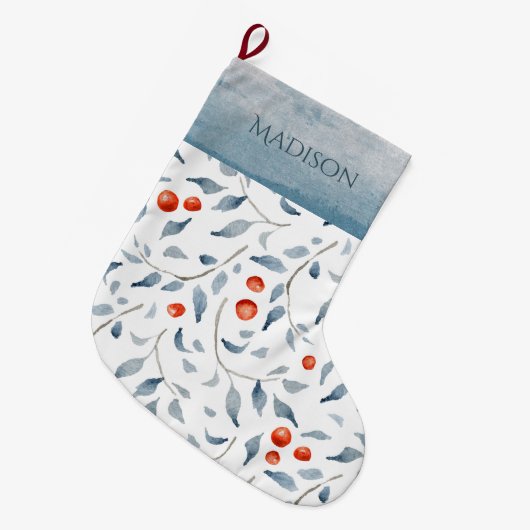 Holly Berry Waterverf Blue Typografie Land Grote Kerstsok (Voorkant (Hangend))