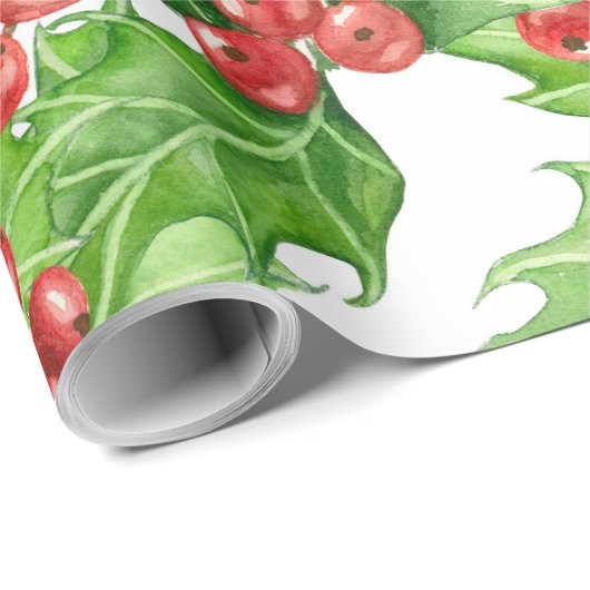 Holly berry waterverf kerst patroon cadeaupapier (Rol Hoek)