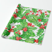 Holly berry waterverf kerst patroon cadeaupapier (Uitgerold)