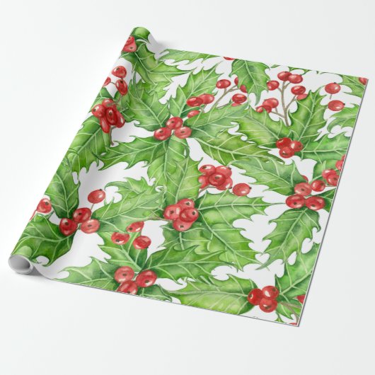 Holly berry waterverf kerst patroon cadeaupapier (Uitgerold)