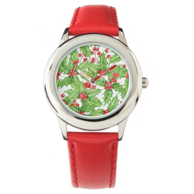 Holly berry waterverf kerst patroon horloge (Voorkant)