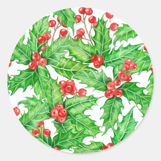 Holly berry waterverf kerst patroon ronde sticker (Voorkant)