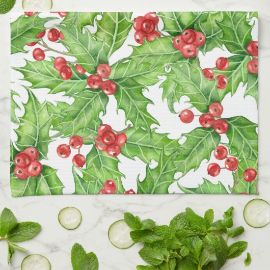 Holly berry waterverf kerst patroon theedoek (Gevouwen)