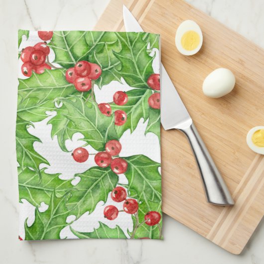 Holly berry waterverf kerst patroon theedoek (Quarter Fold)