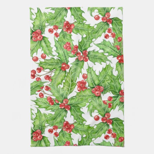 Holly berry waterverf kerst patroon theedoek (Verticaal)