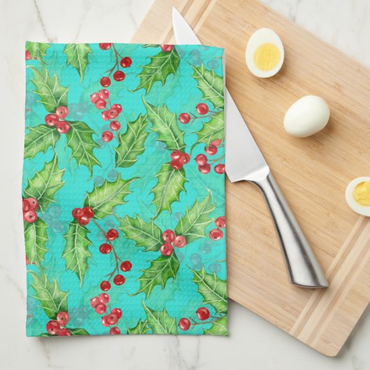 Holly berry waterverf theedoek (Quarter Fold)