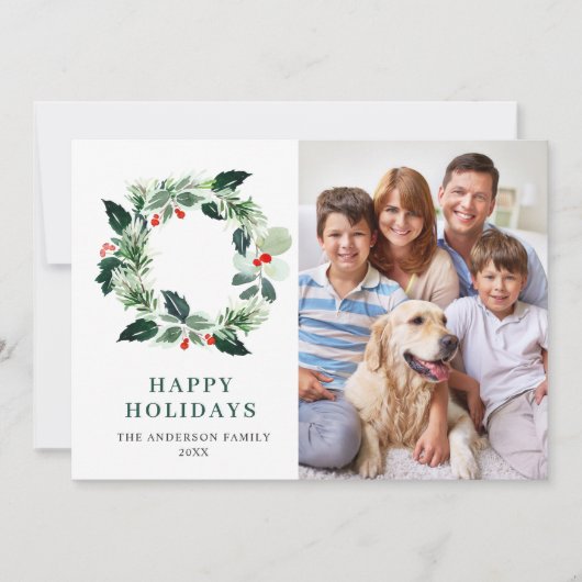 Holly Berry Wreatet 4 PHOTO Feestdagenkaart (Voorkant)