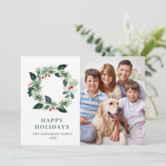 Holly Berry Wreatet 4 PHOTO Feestdagenkaart (Staand voorkant)