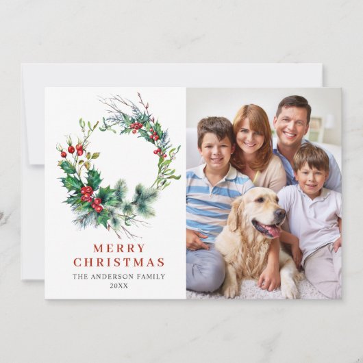 Holly Berry Wreatet kerstgroet PHOTO Feestdagenkaart (Voorkant)