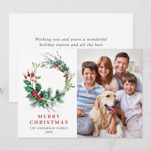 Holly Berry Wreatet kerstgroet PHOTO Feestdagenkaart (Voorkant / Achterkant)