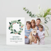 Holly Berry Wreath kerstgroet 3 PHOTO Feestdagenkaart (Staand voorkant)