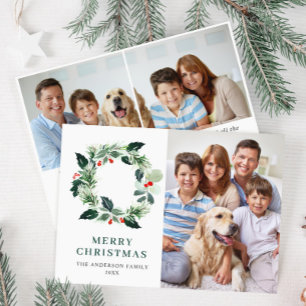 Holly Berry Wreath kerstgroet 3 PHOTO Feestdagenkaart