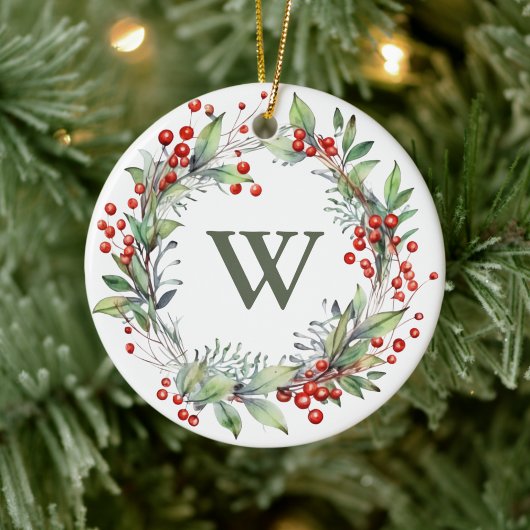 Holly Berry Wreath Monogram Keramisch Ornament