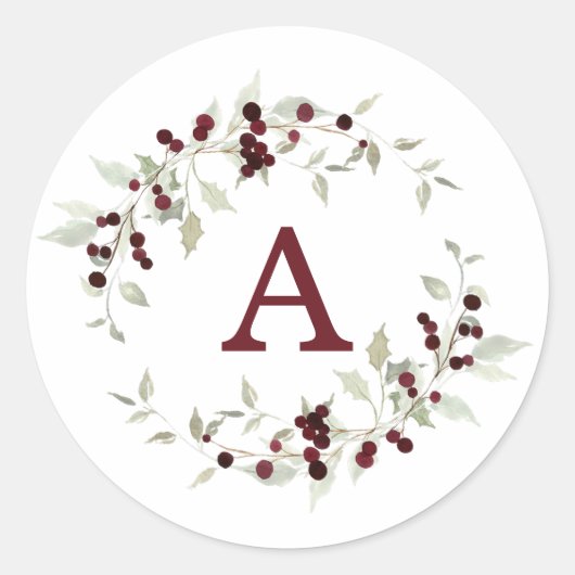 Holly Berry Wreath Monogram Letter Ronde Sticker (Voorkant)