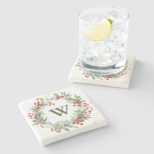 Holly Berry Wreath Monogram Stenen Onderzetter (Zijkant)