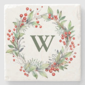 Holly Berry Wreath Monogram Stenen Onderzetter (Voorkant)