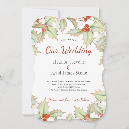 Holly bes rood en groen winter elegante bruiloft kaart (Voorkant)