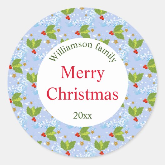 Holly besries en bladpatroon Merry Kerstmis Ronde Sticker (Voorkant)