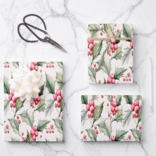 Holly bessen en feestelijk inpakpapier vel