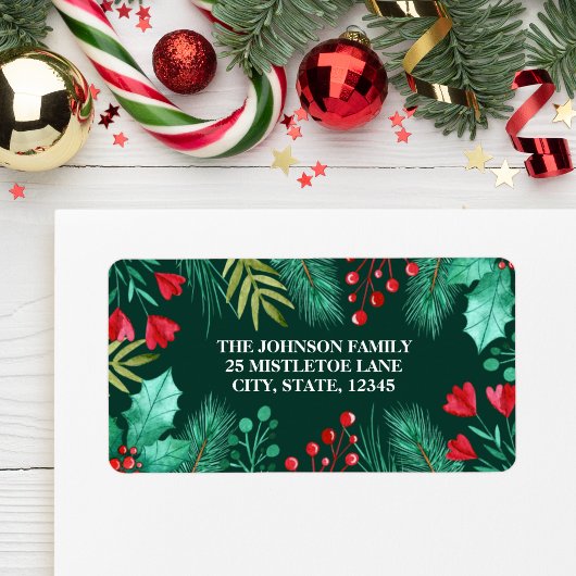 Holly, bessen en groene bladeren Waterverf Etiket