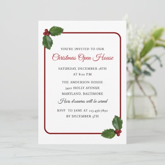 Holly bessen en laat kerst open huis kaart (Staand voorkant)
